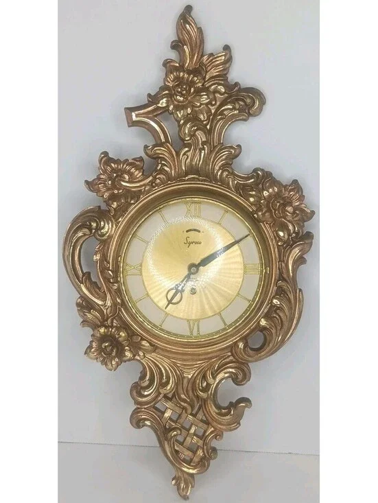 VTG Syroco Wall Clock Mid-Century Gold Tone Wind Up Works But NO KEY 22