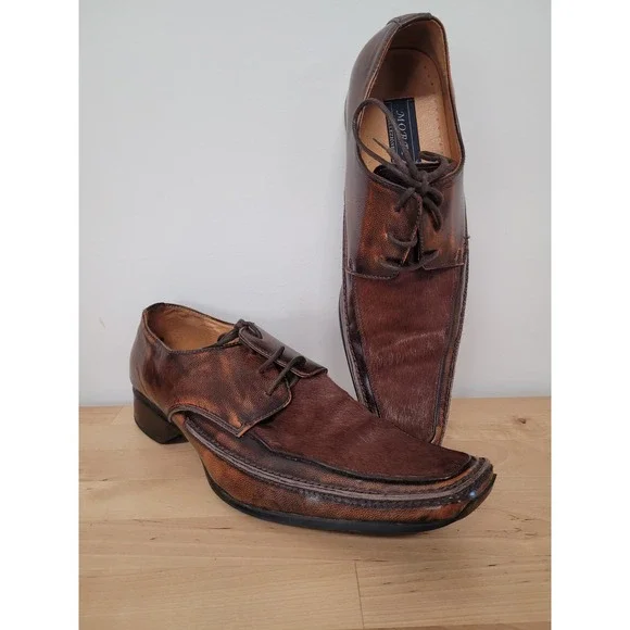 Moretti Dress Shoes Mens 11 Brown Leather Pony Hair Square Toe Oxfords F515