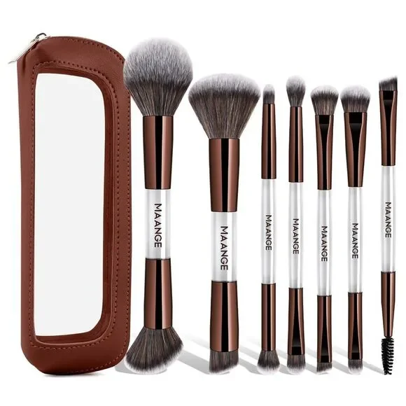 Maange 7 Pieces Gray Double-ended Make up Brushes Set With Bag