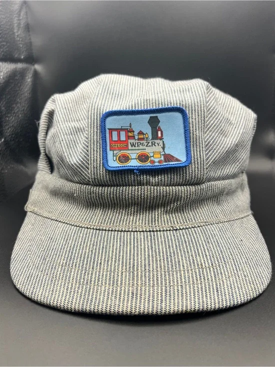 Striped Railroad Train Conductor Cap Hat with Blue Patch Oregon W.P. & ZRy.