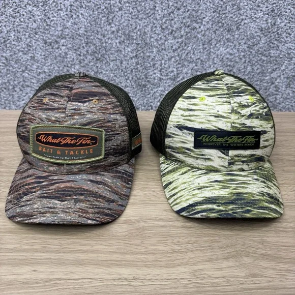 What The Fin Hats Lot Of 2 Snap Back Cap Camo Pattern Mesh Back Fishing Outdoors