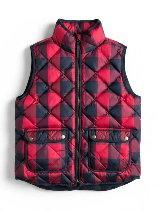 J. Crew Buffalo Plaid Down Puffer Vest Red Black Quilted Snap Pocket Medium