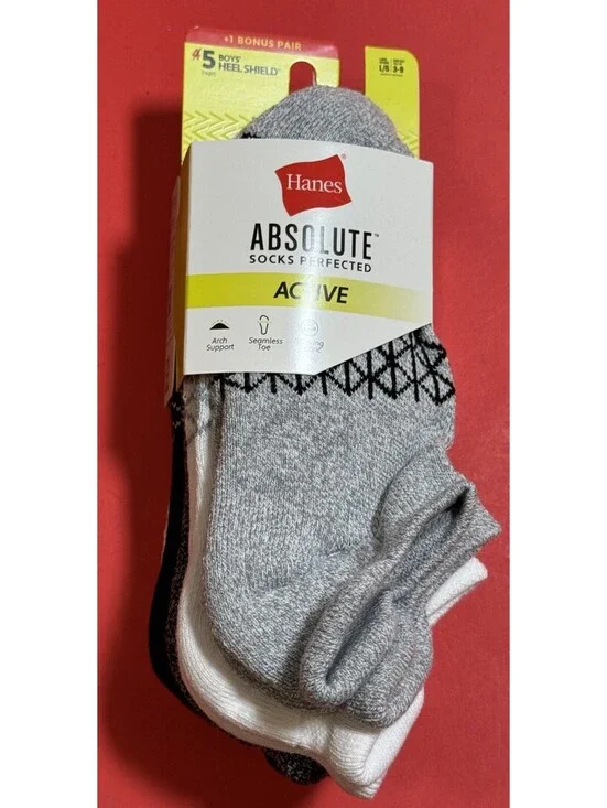 Hanes 5 Pack Boys Absolute Active No Show Socks Heel Shield Large 3-9