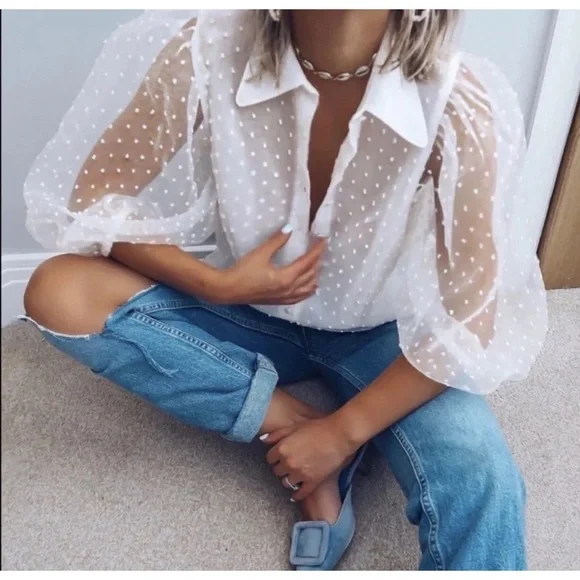 Zara White Swiss Dot Sheer Puff Sleeve Organza Button Up Blouse, Sz S