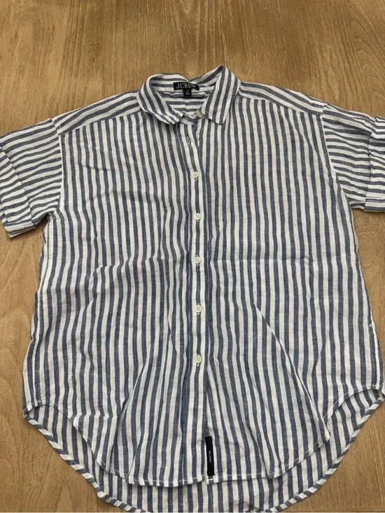 J.Crew Blue & White Striped Short Sleeve Linen Button-Down Shirt – Relaxed Fit