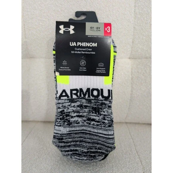 Under Armour UA Phenom Cushioned Crew Socks Youth 4Y - 8Y 3 Pack Yellow Boys New