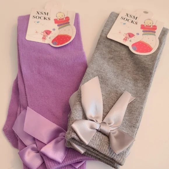 Kids Socks Set - Purple and Gray with Bows