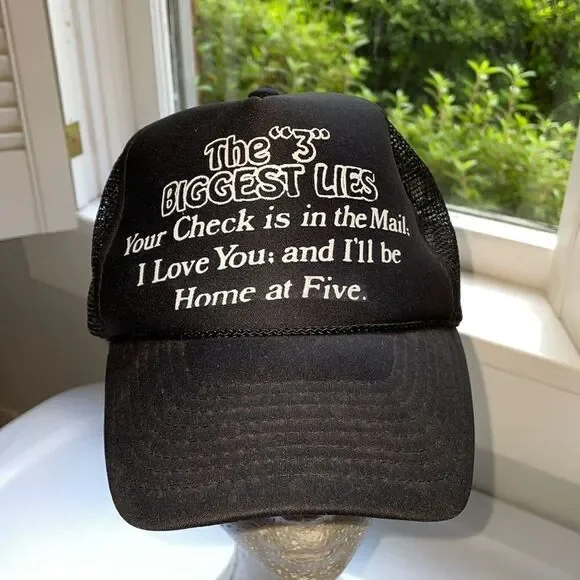 Vintage Nissun Cap “3 Biggest Lies” black trucker snap back hat‎