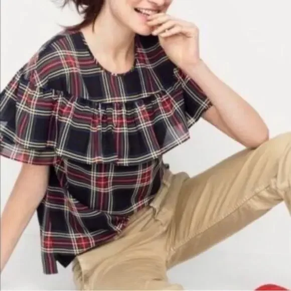 J Crew Edie Stewart Plaid Ruffle Top Black Red Green SIZE 2 Blouse Tartan Top