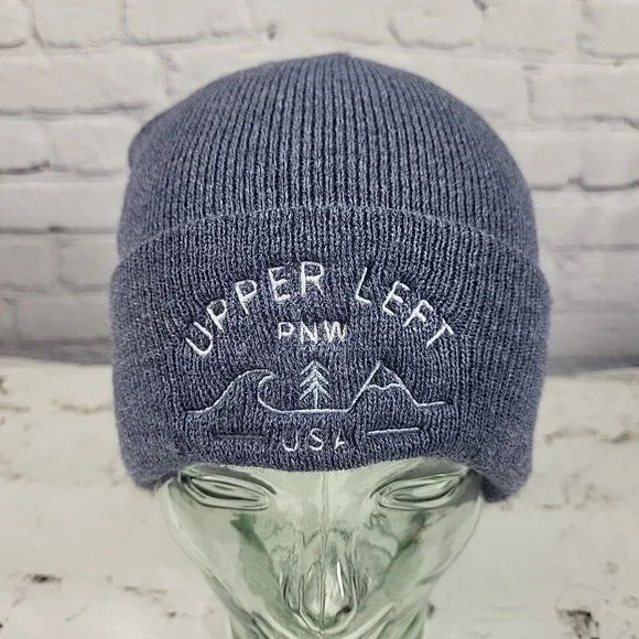 Upper Left PNW Pacific Northwest Oregon Blue Knit Beanie Hat Cap