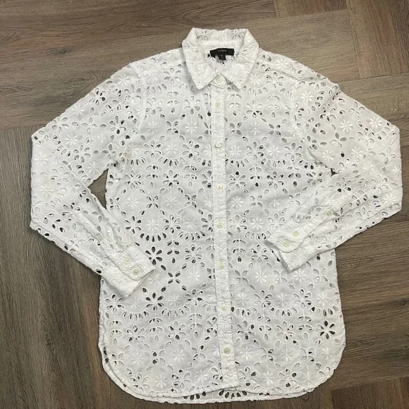 J.Crew Eyelet Broderie Anglaise Cotton Button Up Top Womens 0‎ White Boho Classy
