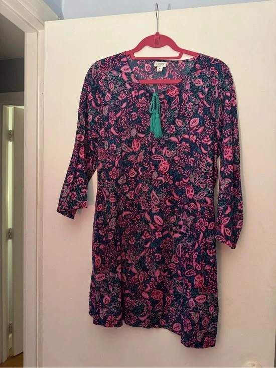 J. Crew Navy & Pink Floral Long Sleeve Tassel Tunic Dress