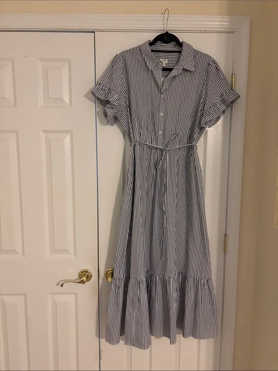 J. Crew Blue and White Striped Maxi Shirt Dress