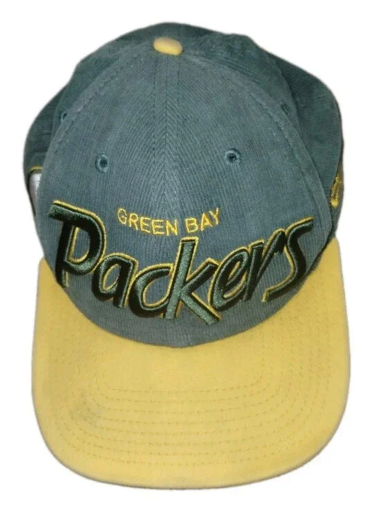 VTG New Era NFL Green Bay Packers Corduroy Script Baseball Cap - Green & Yellow