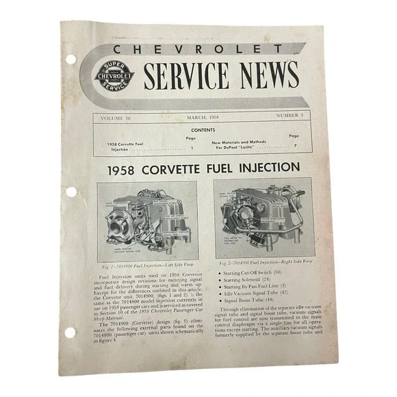 1958 Chevrolet Service News Vol 30 #3 Brochure 58 Chevy‎ Corvette Fuel Injection