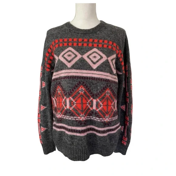 J Crew Womens Fair Isle Wool‎ Mohair Blend Sweater Size L Gray Nordic Preppy