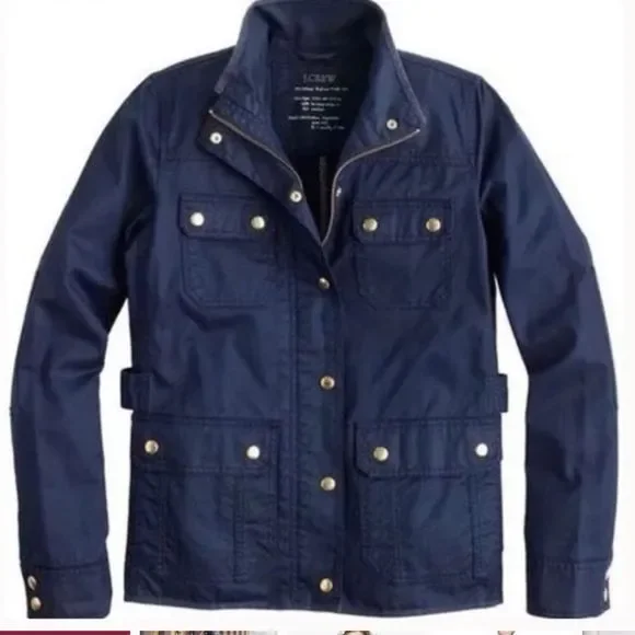 J Crew Navy Blue Gold Snap Waxed Utility Rain Jacket Sz XXS EUC