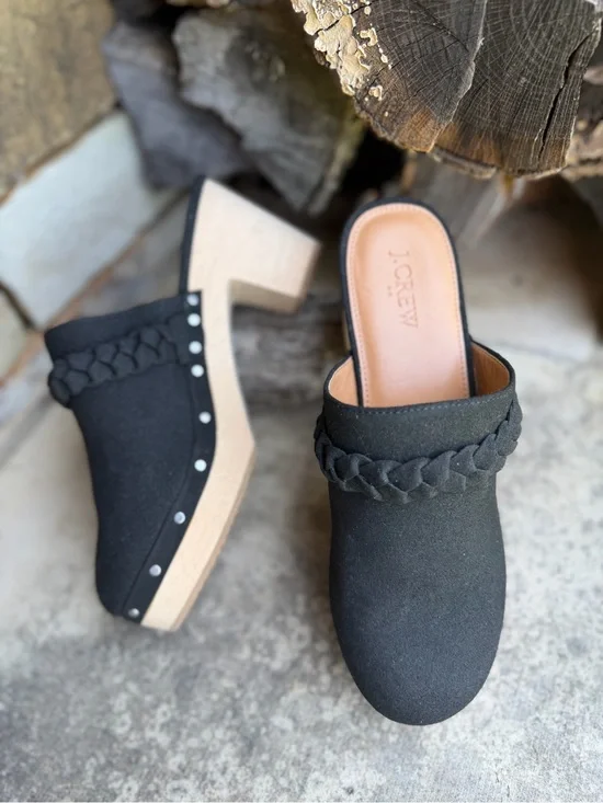 J. Crew Black Braided Suede Textile Clog Mules with Wood Heel NWOB Sz-8.   P