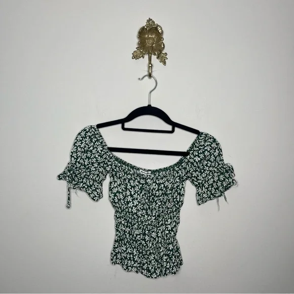 Reformation Green Floral Off-Shoulder Smocked Top