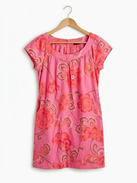 J.Crew Retro Mod Floral Shift Dress 12 Pink Cotton Pockets Scoop Neck Tunic Mini