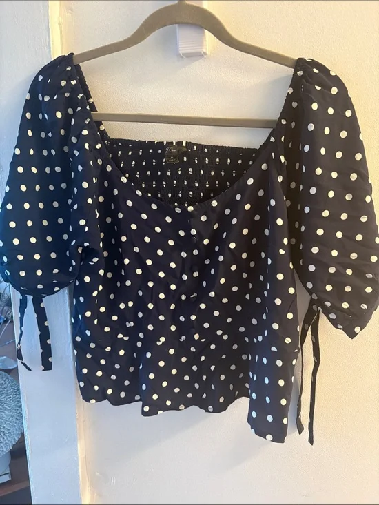 J.Crew Polka Dot Navy Puff Sleeve Peasant Top