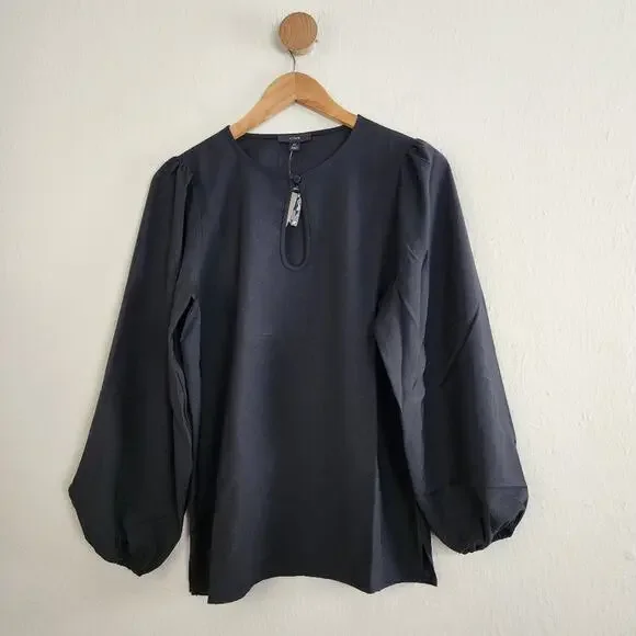 J. Crew Black Puff Sleeve Top Satin Back Crepe Keyhole Blouse NWT Small Tall ST