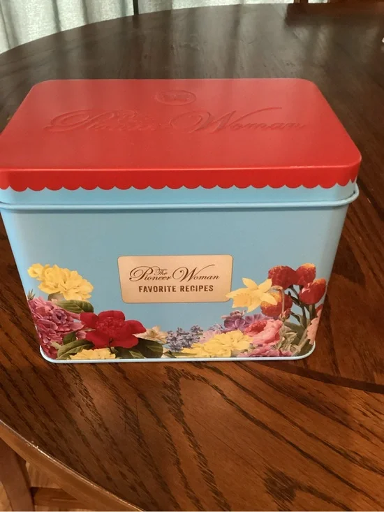 The Pioneer Woman Blue Tin with Red Lid and Floral Accents