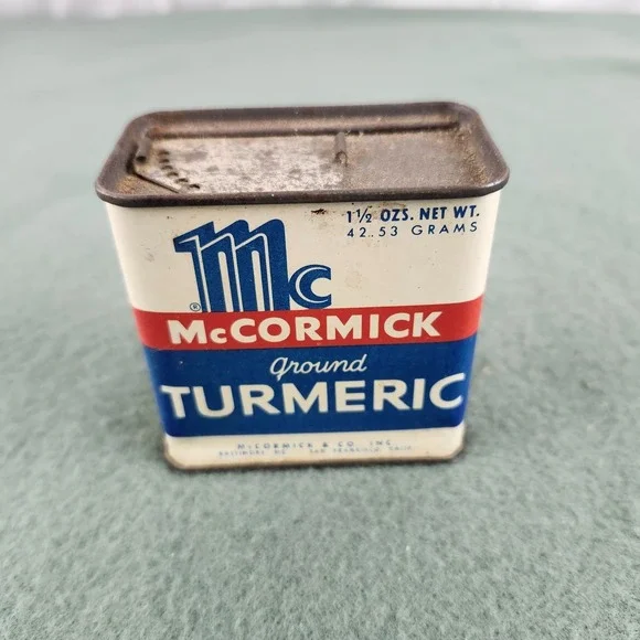 VINTAGE 1940-50s McCORMICK SPICE TIN, Turmeric Crabmeat au Gratin Recipe