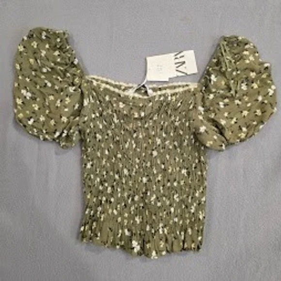 Zara Floral Smocked Puff Sleeve Top Olive Green Lace Trim Cottagecore Boho XS