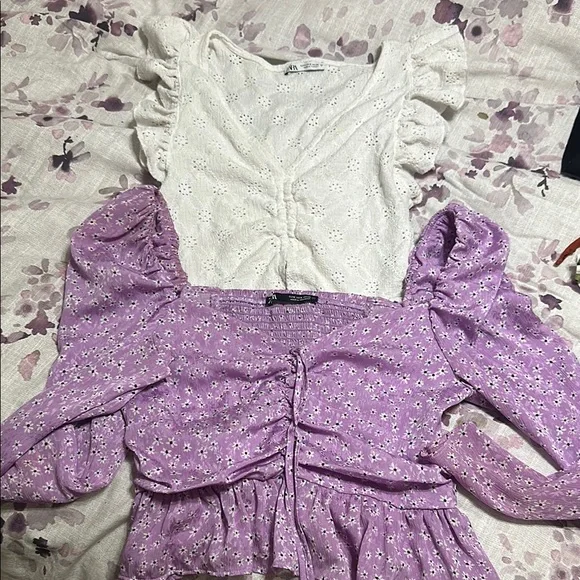 Zara White Eyelet Ruffle Top & Zara Lavender Floral Puff Sleeve Top small bundle
