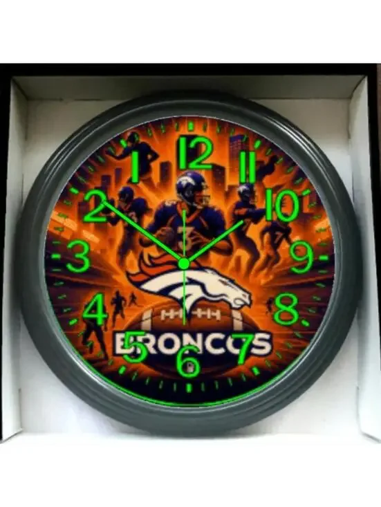 REVERSE TICKING CLOCK DENVER BRONCOS Glow In The Dark Wall Clock New!