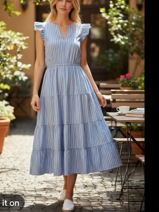 J. Crew V-Neck Cotton Ruffle Cap Sleeve Tiered Striped Midi Dress