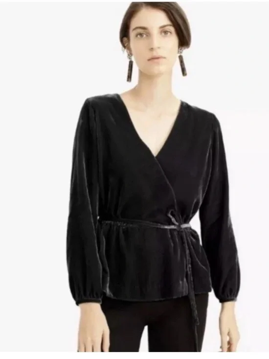 J.Crew Black Velvet Faux Wrap Tie Top Long Sleeve 6P NWT