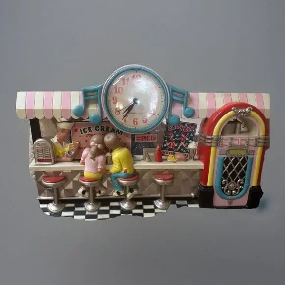 Vintage 1950s Soda Shop Diner Wall Clock Jukebox Ice Cream Parlor Decor Quartz