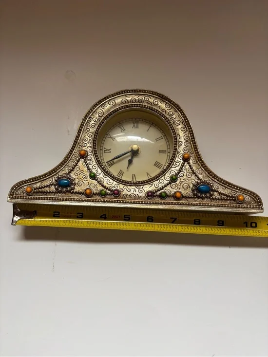 Ornate Silver-Tone Mantel Clock with Multicolor Accents