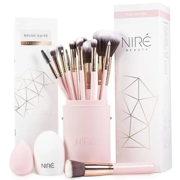 Niré Beauty 15piece Pink Rose Gold Makeup Brushes Set & Beauty Blender With Case