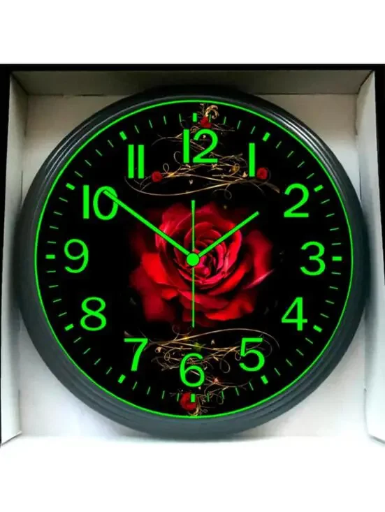 Red Rose Glow In The Dark Wall Clock New!
