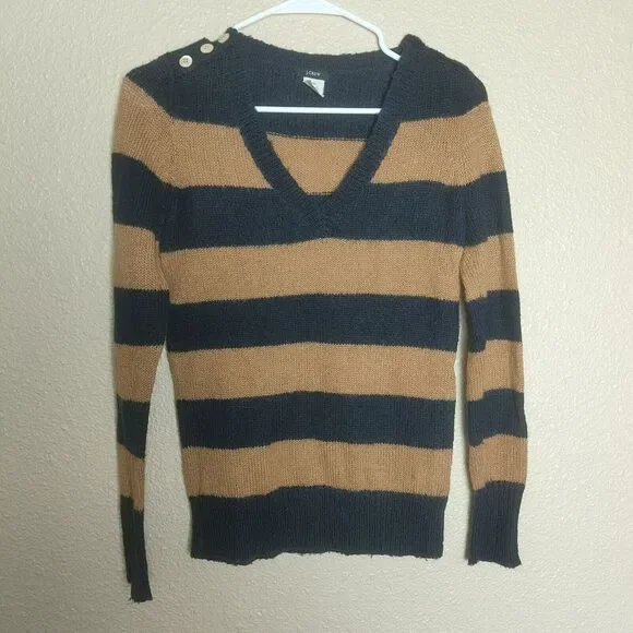 J Crew Size Large V Neck‎ Navy Blue Women's Merino Wool Sweater Long Sleeve