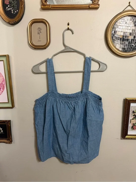 Blue Chambray Smocked Square-Neck Tank Top