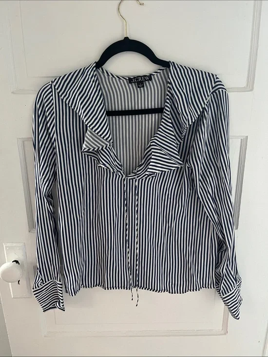 J. Crew Navy and White Striped Ruffle Collar Blouse