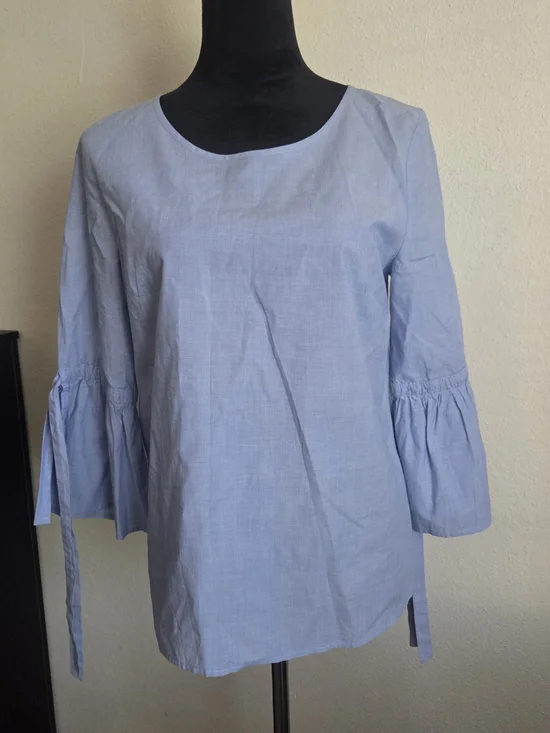 J Crew Factory Small Blue Casual Stylish Blouse Office Workwear Bell Sleeve