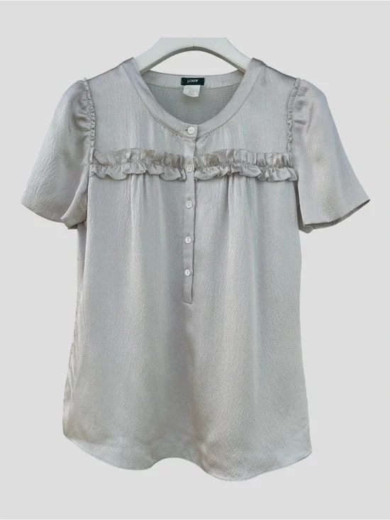 J.Crew Taupe Textured Ruffle Silk Short Sleeve Blouse - Size 2