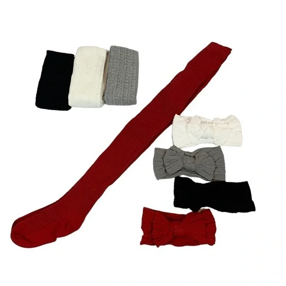 Girls Tights with Matching Headband Bow Set - Red, Black, Grey, White - size XL
