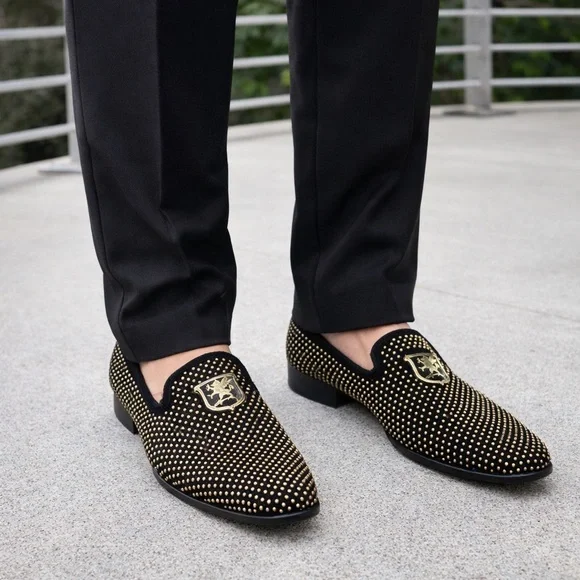 Stacy Adams Men's Swagger Studded Slip-On Loafers Black Size 8.5 Black‎ Gold