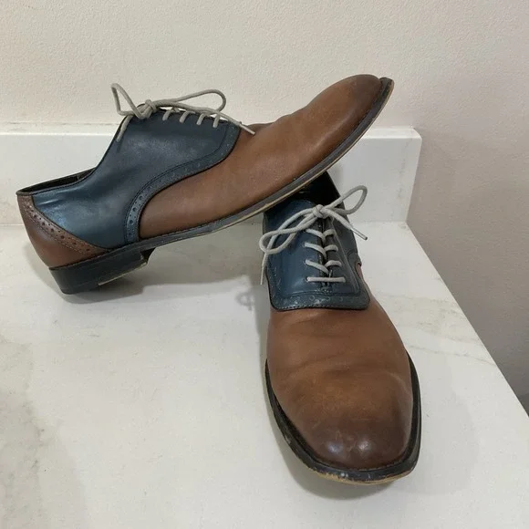 Aston Grey Mens 12 Leather Two Tone Saddle Oxford Dress Shoes Brown Navy Wingtip