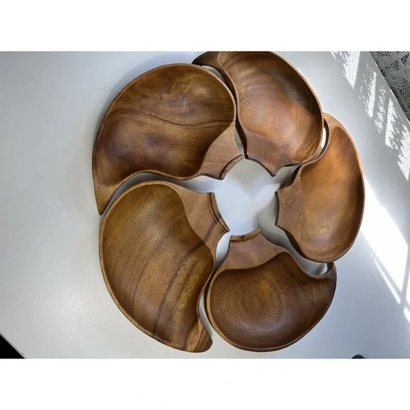 Vintage Mcm Monkeypod Wood Interlocking Leaf Serving Bowl Set Five Tiki Lazy Sus