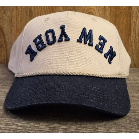 NWOT Mad Engine New York Upside Down Snapback Hat Cream Navy Cap NY NYC