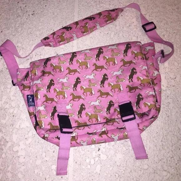 Wildkin Horses messenger laptop bag horse print black & pink - camp work school
