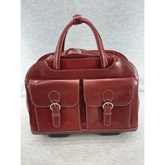 McKLEIN Red Leather Wheeled Laptop Case 15.6” Rolling Briefcase