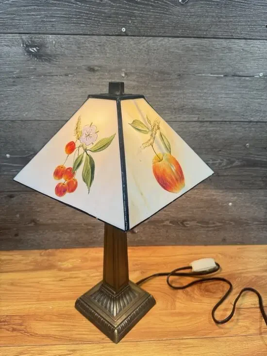 Vintage Stained Glass Table Lamp Hand Painted Pear Fruit Antique Bronze 18.5